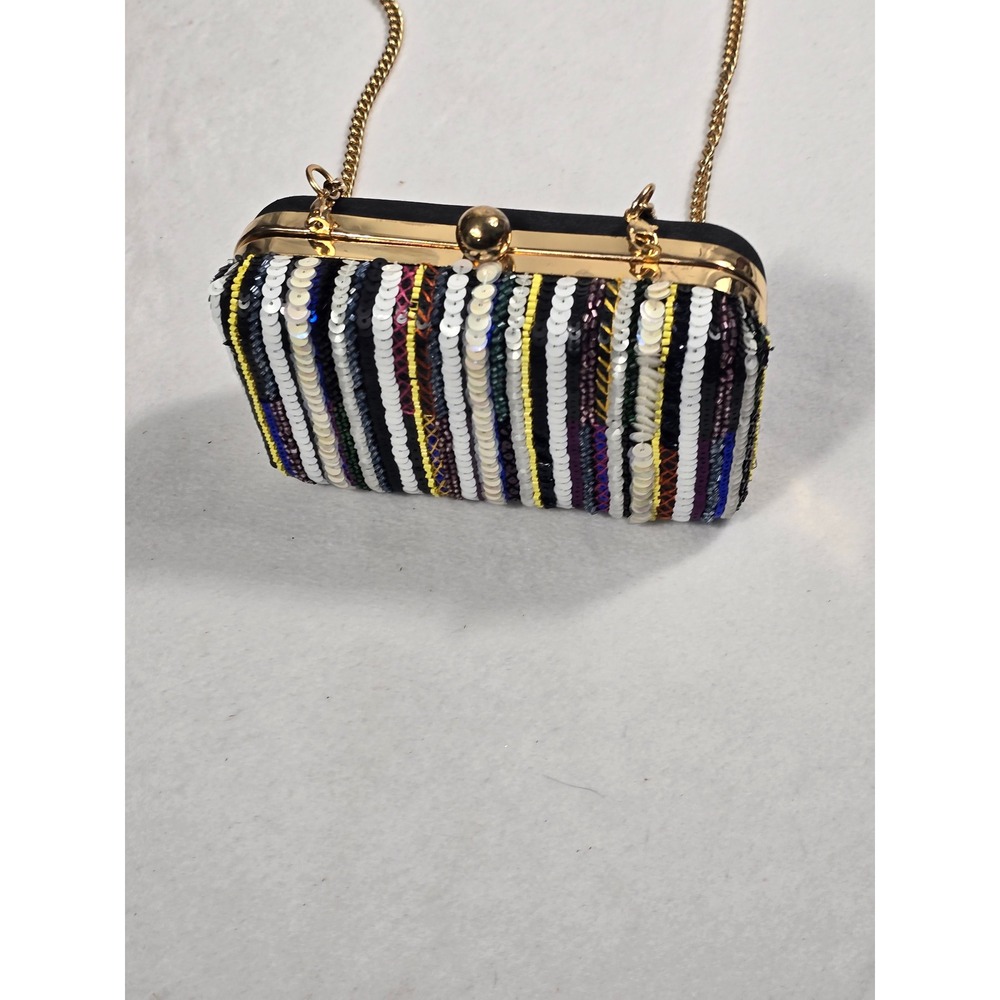 J.Crew Multi-Color Striped Sequin Bead Satin Gold Chain Evening Clutch Bag